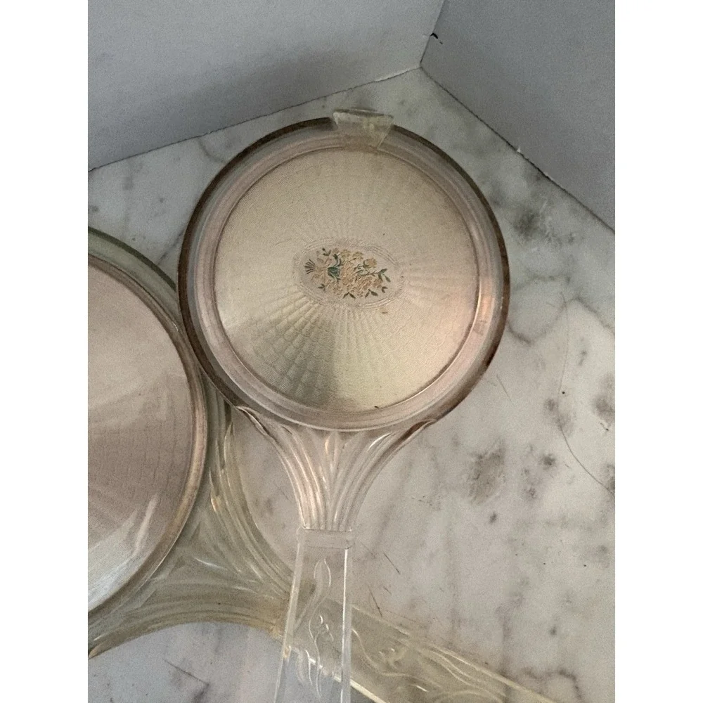 Vtg Early 20th Century Lucite Hand Held Mirror Brush Floral Bouquet Medallian - Picture 4 of 8